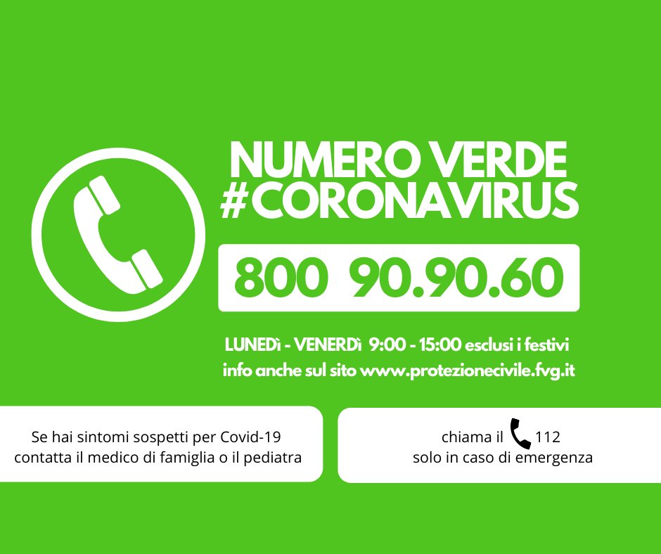 #AvvisoFVG #Emergenza #Coronavirus
Per informazioni è disponibile il numero verde
800 90 90 60 da lunedì a venerdì dalle 9:00 alle 15:00.
Il numero verde della Sala Operativa Regionale è dedicato a emergenze di #protezionecivile, come gli #incendiboschivi
📯📯PASSAPAROLA📯📯