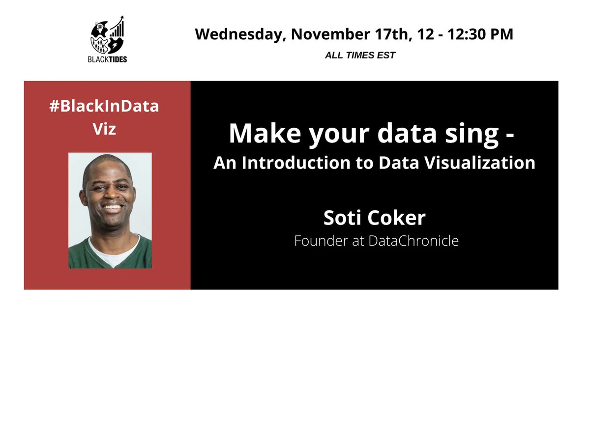 SotiCoker's tweet photo. Do you want to learn about data visualisation? Join me tomorrow where I'll share
best practices, why storytelling is important & some design tips and tricks ! 🙌
https://t.co/QcJJzXiZ1f
#dataviz #BlackInDataRollCall #BlkNData #DataScience #BlackTIDES #BIDWeek2021" https://t.co/FF4uNCQVuQ