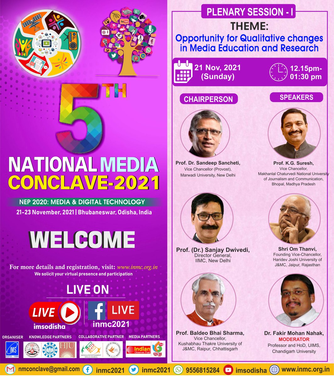 #NMC2021: Catch the greatest minds at Eastern India's biggest ideas platform. #PLENARY_SESSION-I: Opportunity for Qualitative Changes in Media Education & Research. A galaxy of renowned #ViceChancellors to grace the platform & exchange ideas. #MediaConclave #MediaMahakumbha