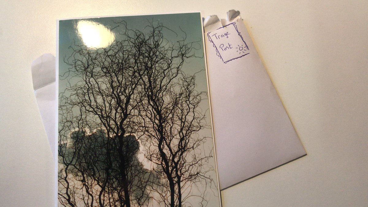 Van #TragePost #LeidscheRijn is inmiddels de zesde groep bezig! Zo’n 15 personen die elk wekelijks een kaartje sturen en ontvangen. Deze kreeg ik, met de opmerking: ‘Hoe mooi zie je de vorm van een boom, als het blad is gevallen!’ ^Marije