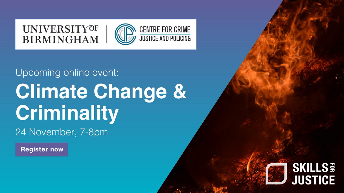 Skills for Justice (@skills_justice) on Twitter photo What impact will climate change have on criminal behaviour?Â
Find out at <a href="/unibirmingham/">Uni of Birmingham</a>'s upcoming 'Climate Change & Criminality' event, where our partner Siddhartha Bandyopadhyay <a href="/SBandyo72/">Sid Bandyopadhyay</a> will be speaking
Register for this free event 👉 bit.ly/31Lqv5L
<a href="/CCJP_UoB/">Centre for Crime, Justice and Policing</a> What impact will climate change have on criminal behaviour?Â
Find out at <a href="/unibirmingham/">Uni of Birmingham</a>'s upcoming 'Climate Change & Criminality' event, where our partner Siddhartha Bandyopadhyay <a href="/SBandyo72/">Sid Bandyopadhyay</a> will be speaking
Register for this free event 👉 bit.ly/31Lqv5L
<a href="/CCJP_UoB/">Centre for Crime, Justice and Policing</a>
