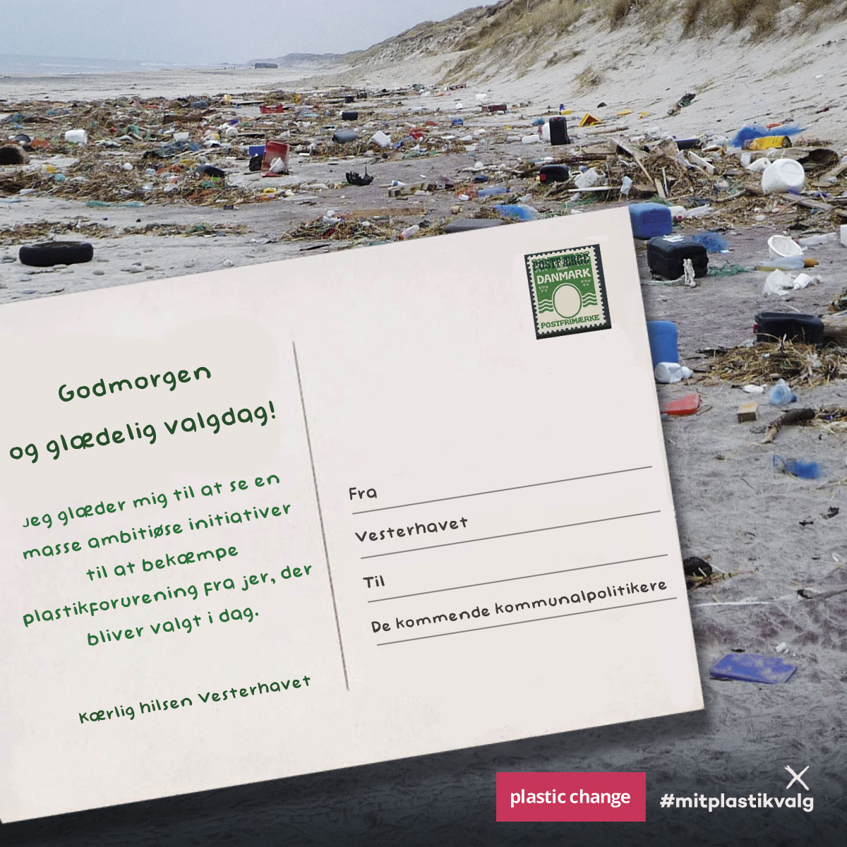 PlasticChange's tweet photo. Glædelig valgdag! Husk at sætte dine krydser i stemmeboksen dag ✏️🧾💚 I dagens anledning har vi modtaget et postkort fra Vesterhavet med en hilsen til de kommende regions- og kommunalpolitikere 🌊👇 #dkpol #krv21 #kv21 #plasticchange #singleusesucks #mitplastikvalg https://t.co/88Wfl8DbT4