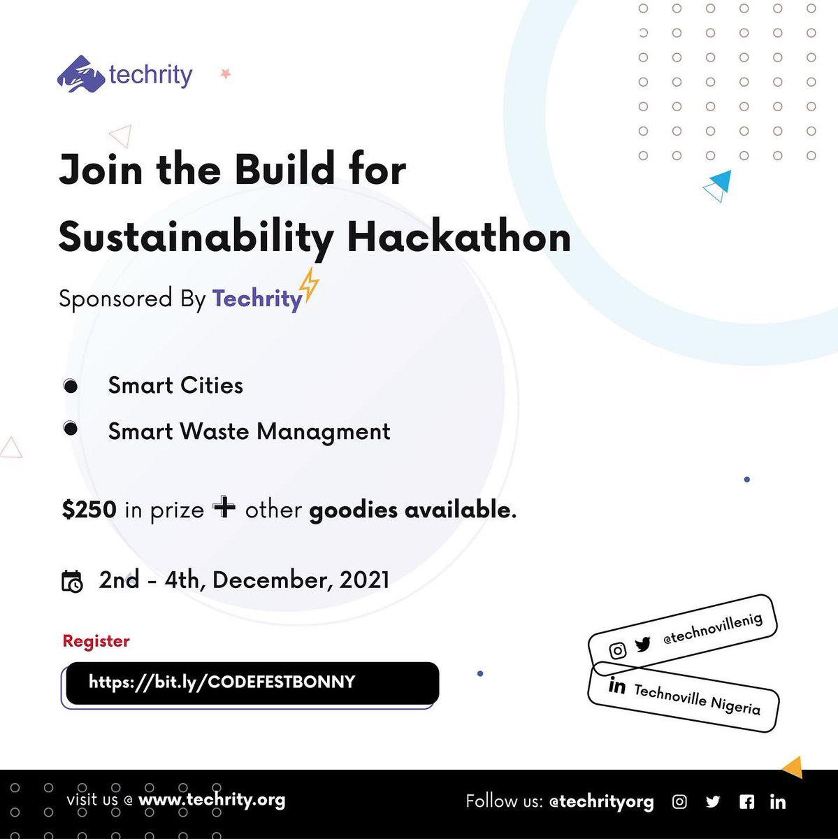techrityorg's tweet photo. Calling all #Embedded Systems, #IOT, and #Tech enthusiasts to build smart solutions for sustainability of our cities and communities.

Win up to $250 in Cash Prize plus other goodies!

#codefest2021
#techrity
#sdg11 https://t.co/HA7oAhCwh5