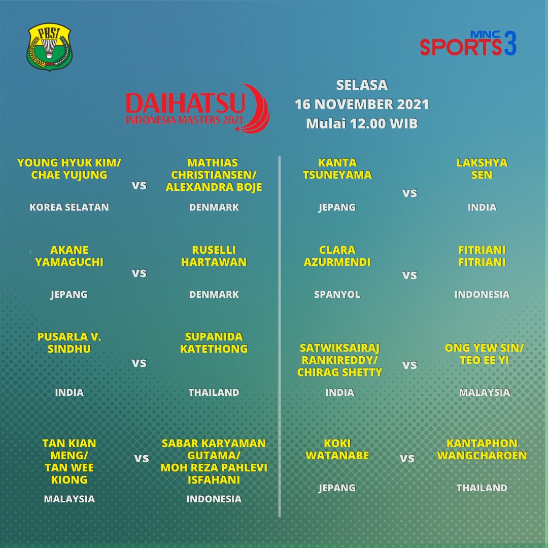 mnc_sports's tweet photo. part of MNC Channels
Jadwal Pertandingan
DAIHATSU INDONESIA MASTERS 2021
Selasa | 16 November 2021 | mulai 12.00 wib
di MNC SPORTS 3:
• Channel 99 MNC Vision
• Channel 85 K-Vision
• Channel 99 MNC Play
• Playbox
• Vision+ Apps.
#mncsports102 #visionpictures #mncchannels https://t.co/Z9nd5wKJ7m