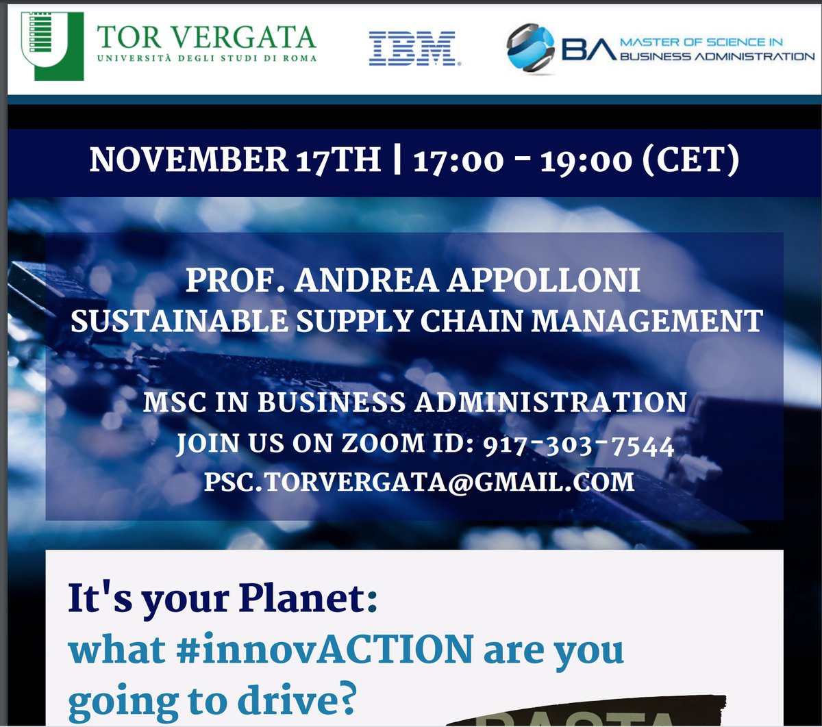 SAPIENS_Network's tweet image. On Wednesday 17th, our Lead Researcher @AndreaApolloni will host a class on Sustainable Supply Chain Management with a lecture on &quot;It’s your planet: what #innovaction are you going to drive?”. 
#SPP #SAPIENSNETWORK
Join the event on zoom: 
zoom.us/j/9173037544.