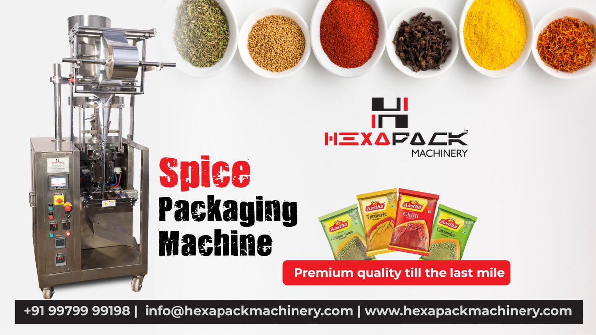hexapack's tweet image. Moisture is an enemy to spices. Vacuum packaging maintains quality till the last mile! 

#Hexapackmachinery #SpicePackagingMachine #powderpacking #machinery #highspeed #leadingmanufacturer #packagingmachine #machinemanufacturer #Spicepackaging #inventions #machine #manufacturer