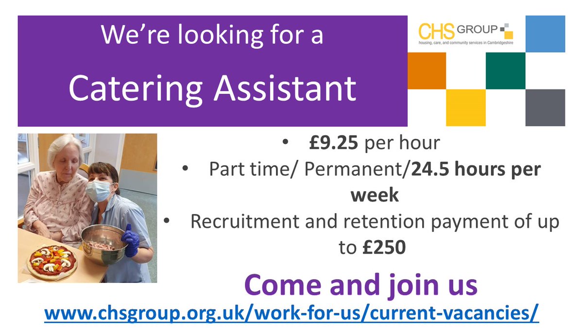 chsgroup's tweet photo. We are recruiting for a catering assistant at our care home in Cambridge - 24.5 hours a week, £9.25 an hour - apply here https://t.co/eOkmlIVUAO https://t.co/alytMSjDM7