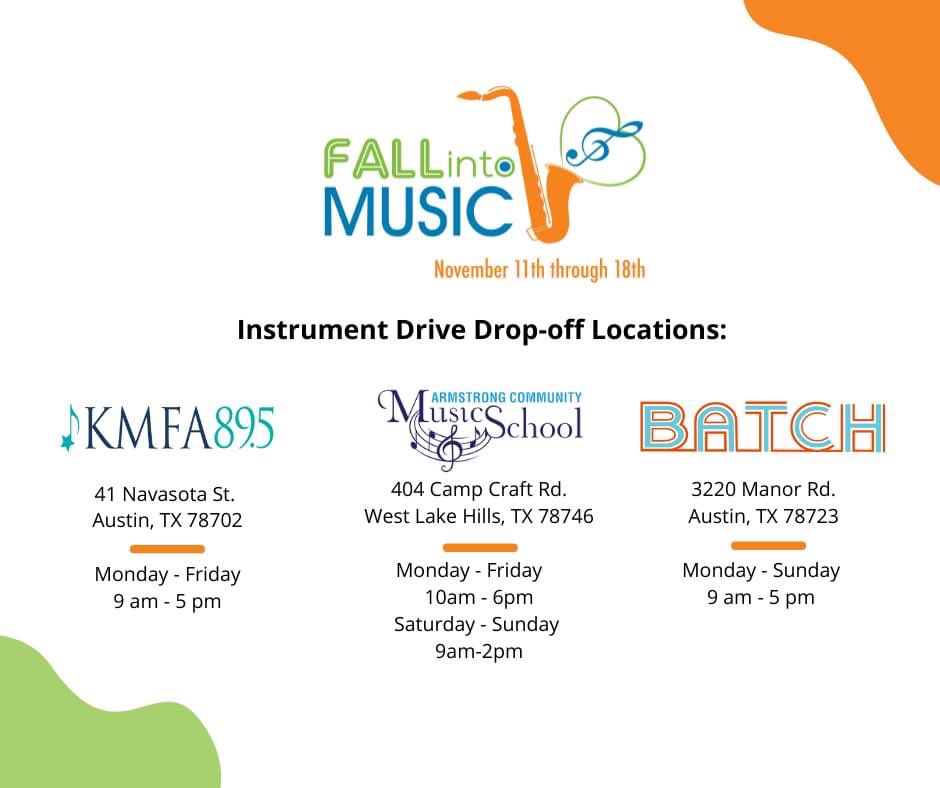 So grateful for our partners at <a href="/KMFAClassical/">KMFA Classical 89.5</a>, <a href="/ACMSAustin/">Armstrong Music</a>, and Batch supporting our annual Fall Into Music instrument drive!
