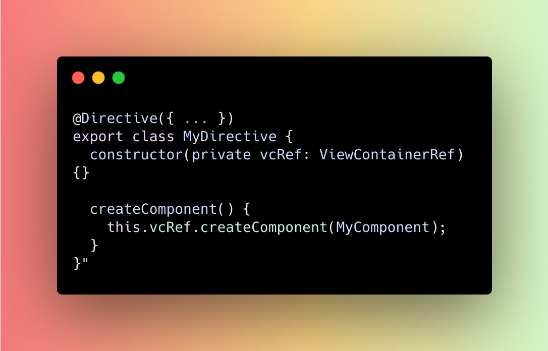 angular's tweet image. We have simplified the ViewContainerRef.createComponent API! 👩🏿💻 #ngUpdate
‣ Create components dynamically
‣ No need to resolve and pass ComponentFactory, use Component class as an argument instead