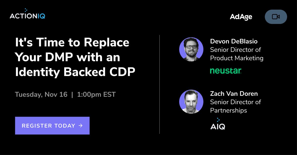 Join us and our strategic partner <a href="/Neustar/">Neustar, Inc., a TransUnion company</a>, Inc. tomorrow for a panel discussion hosted by <a href="/Adage/">Ad Age</a> Technologies where we’ll explore the evolution of the DMP and the convergence of identity resolution and CDPs Register: bit.ly/3oydOTR

#neustar #dmp #cdp #cx #panel