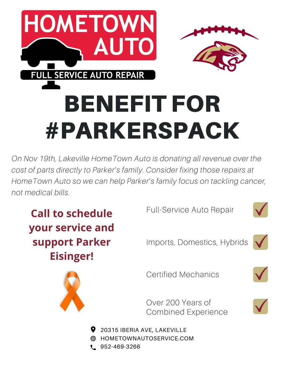 Benefit for Parker this Friday Nov 19th!
Do you have your appointment booked at HomeTown Auto Service ?
All revenue from Friday's business will go DIRECTLY to Parker &amp; his family!
THANK YOU  HomeTown Auto for your generous support of one of our own!!!

#ParkersPack #family