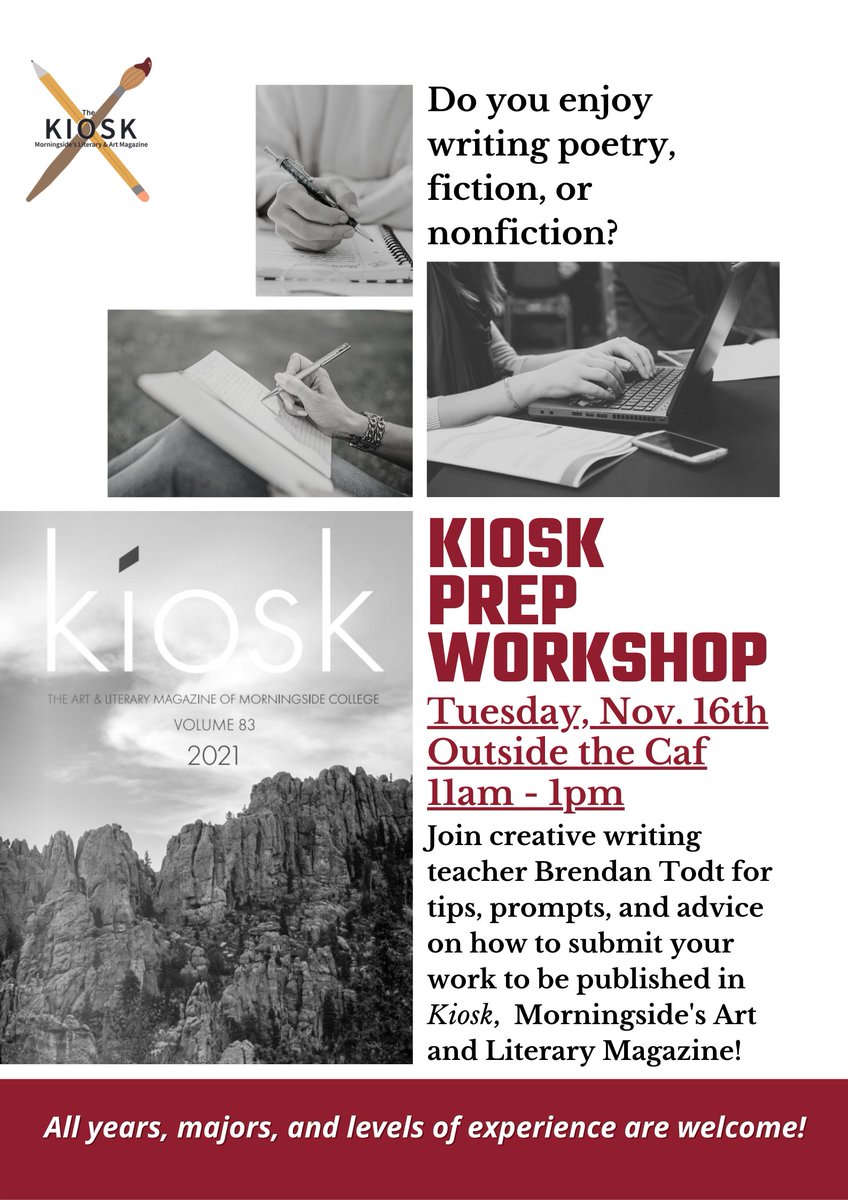 MsideHumanities's tweet photo. Do you enjoy writing? Want to submit your work to be published?

Creative writing teacher Brendan Todt will be available TODAY for tips, prompts, and any questions on submitting your work to be published in the 2022 edition of the Kiosk, Morningside's Literary and Art Magazine! https://t.co/6i2BDRXZET