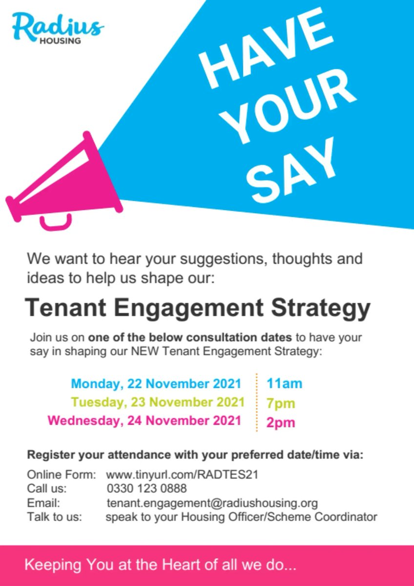 Calling all tenants!

Have your say in shaping our NEW Tenant Engagement Strategy.  Register your interest and preferred consultation date via buff.ly/3CoSQvk. 

To find out more about our Tenant Engagement opportunities, visit our website: buff.ly/3qHc5hr