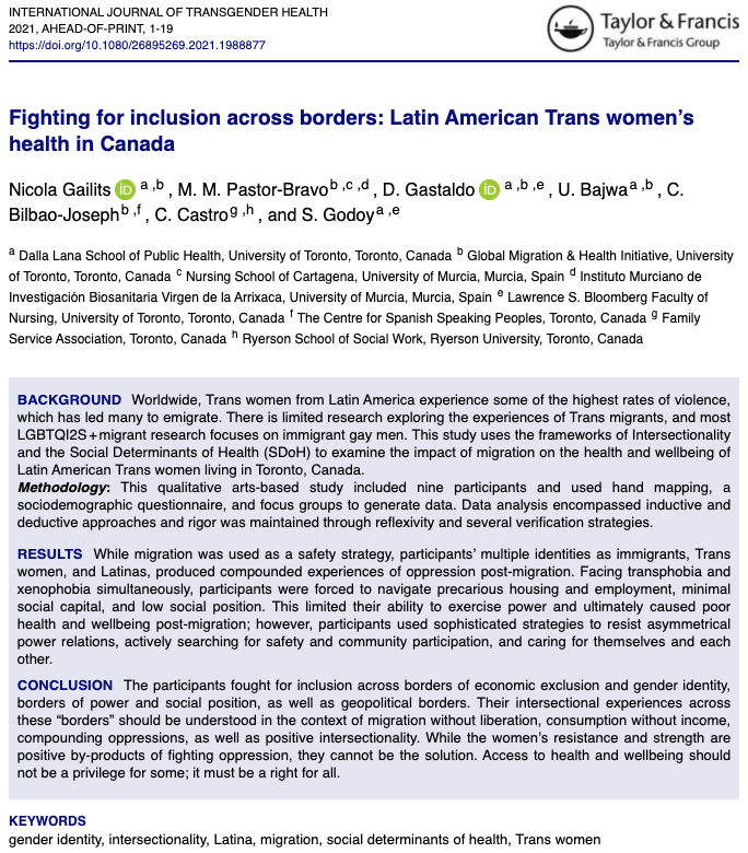 DjKinitz's tweet photo. New article in International Journal of Transgender Health by the stellar @gailitsn &amp; team @DLSPH!

"Fighting for inclusion across borders: Latin American Trans women’s experiences in Canada"

#qualitative #artsbased #transhealth #SDoH #LGBTQ #inclusion 
 https://t.co/zfnHowtw0N https://t.co/m4ubiBJwQT