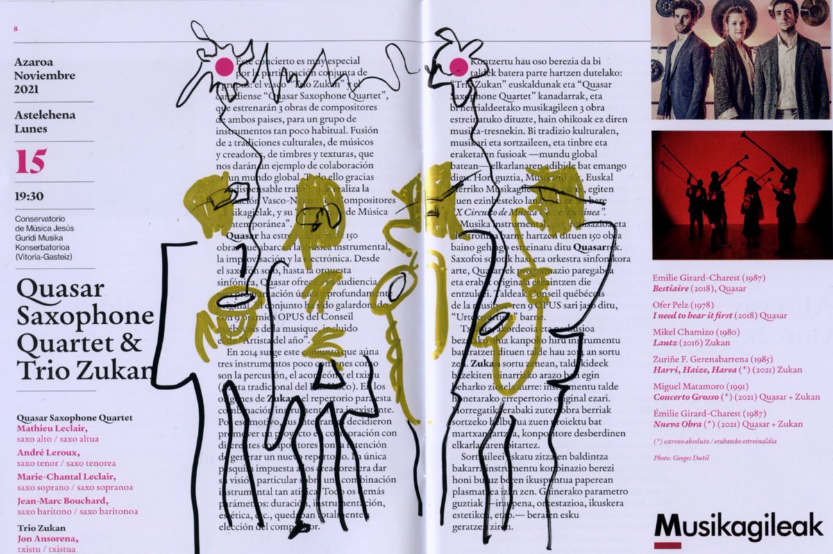 zuzenders's tweet photo. Atzo izan ginen @BernaolaZikloa n @TrioZukan eta @Quasar4_sax ekin
#musikamarrazten #drawingthemusic #zuzenders https://t.co/5URJ4OPGZj