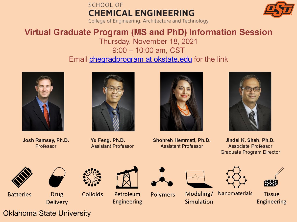 Learn about MS and PhD programs in <a href="/CHEatOKSTATE/">OSU CHE</a>. We are hosting a virtual information session from 9-10 am Central Thursday, November 18. <a href="/yfeng4/">Yu Feng</a> @OSU_Green_Lab #PhD #research