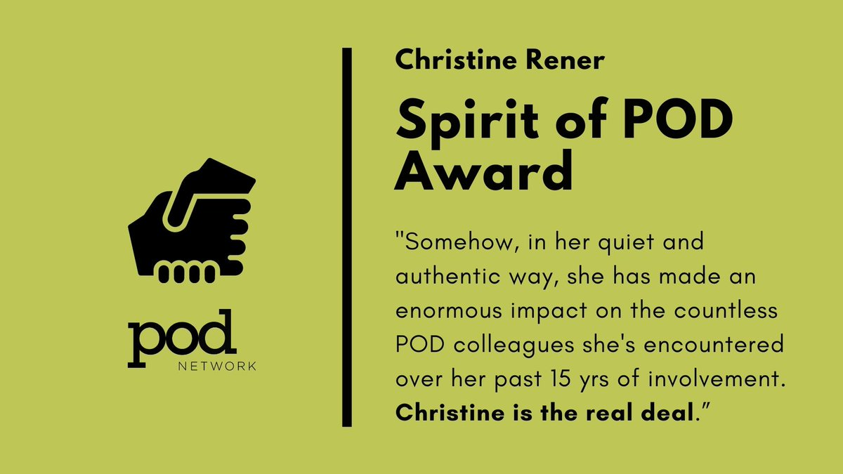 PODNetworkHQ's tweet photo. Our Bob Pierleoni Spirit of POD award is the highest honor that we bestow on a member. It recognizes long-standing members who have made selfless contributions through their service to the organization and to the field of ed development. 

Congrats to 2021 winner Christine Rener! https://t.co/3dSnonUYIp