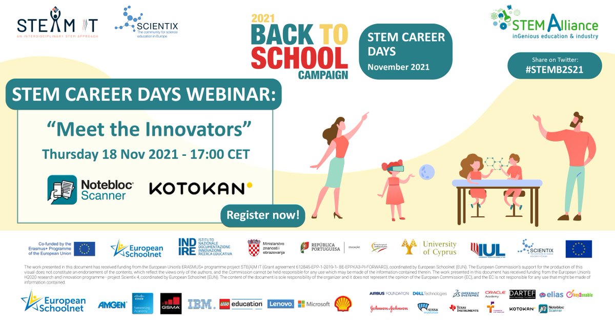 scientix_eu's tweet photo. 🙌 The #STEMCareerDays bring you a webinar on #STEM #Careers! You will learn from experts who have found ways to teach varied subjects using new technologies 💻
@Notebloc &amp; Kotokan will talk about their STEM solutions on 18 Nov – 17pm CET
Register now ➡️  https://t.co/uZhKxNgSQM https://t.co/Yp5CqVhyNy