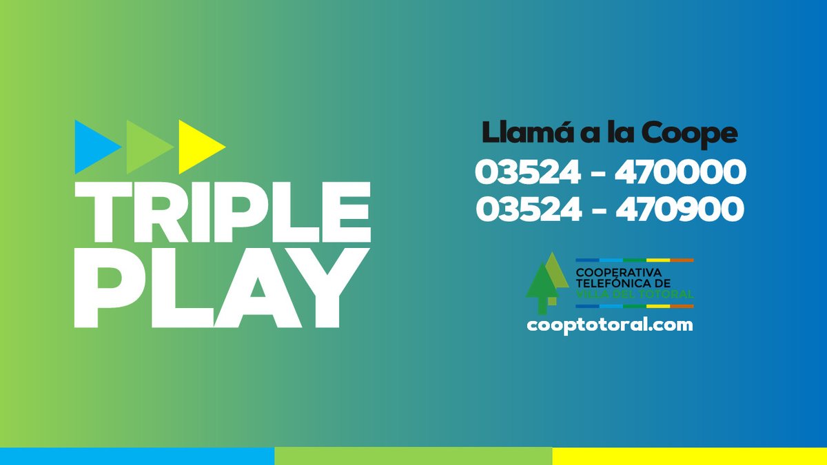VENÍ A LA COOPE
Hacete socio de la Cooperativa de Totoral y disfrutá de la experiencia #TriplePlay. Vení a nuestras oficinas administrativas de 8:30 a 12:30 hs.

#LaCoope #TriplePlay #TV #Internet #Telefonía