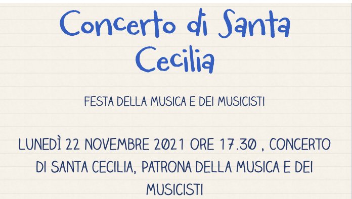 Concerto di Santa Cecilia 22 novembre 2021 ore 17.30.
Per seguire il concerto in diretta, clicca sul link. Ti aspettiamo! 
ic3modena.edu.it/lunedi-22-nove…