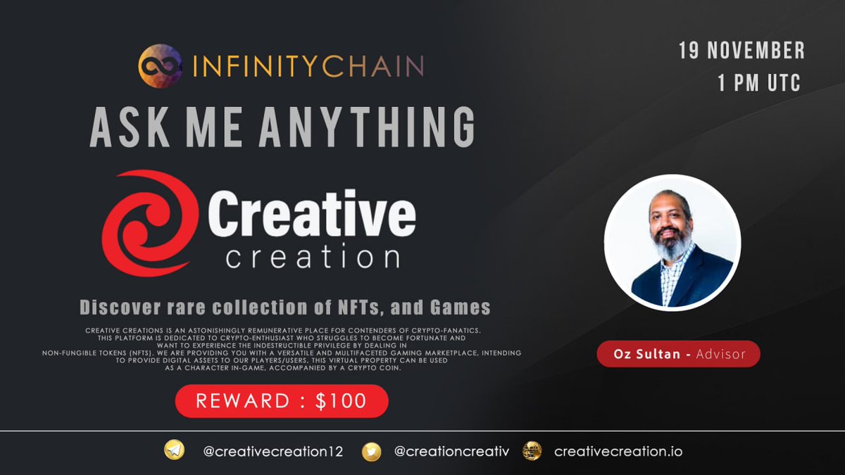 Infinity_Chains's tweet photo. Hello community, We're having an #AMA with Creative Creation on 19 November 2021 | 1 PM UTC

Rules: 
1. Detail https://t.co/nDn72EpaYz
2. Follow Twitter 
@Infinity_Chains &amp; @creationcreativ
Like, Retweet, Comment max 3 Question &amp; Tag Your Friends https://t.co/1z8MOmZHHX