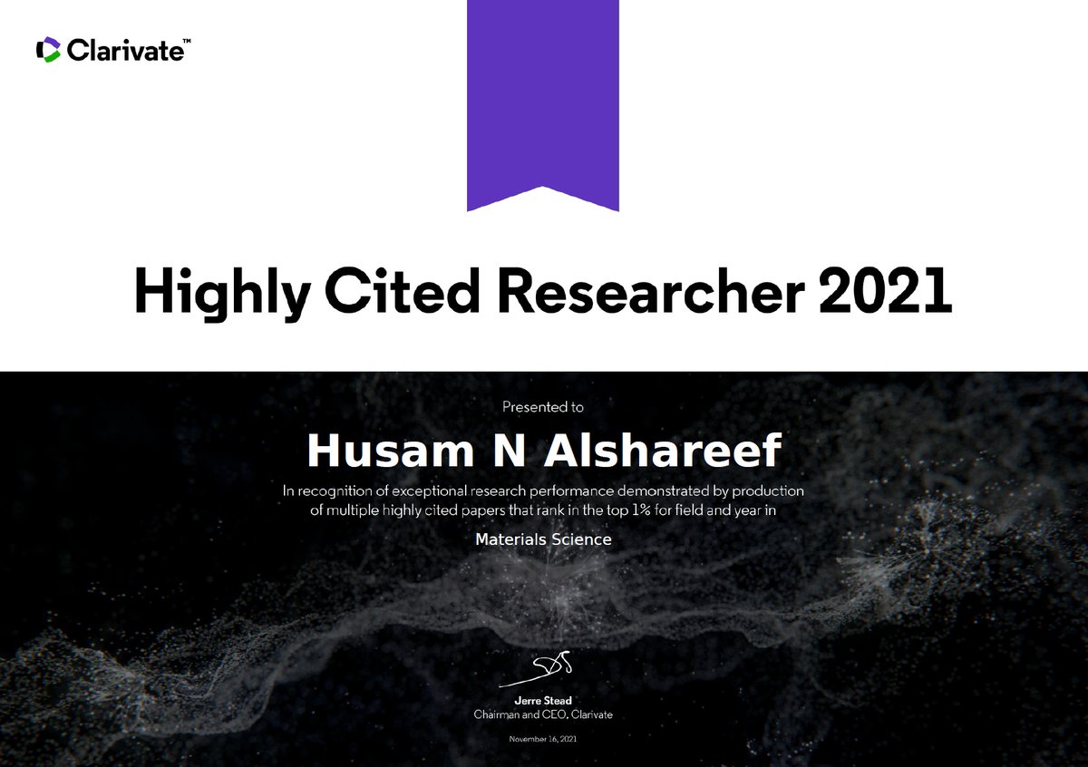 Delighted to be again included in the 2021 list of Highly Cited Researchers <a href="/clarivate/">Clarivate</a>. About 0.1% of the world's researchers have earned this exclusive distinction. This is an achievement resulting from the hard work of my group members, past and present. Thank you. <a href="/KAUST_PSE/">KAUST PSE</a>