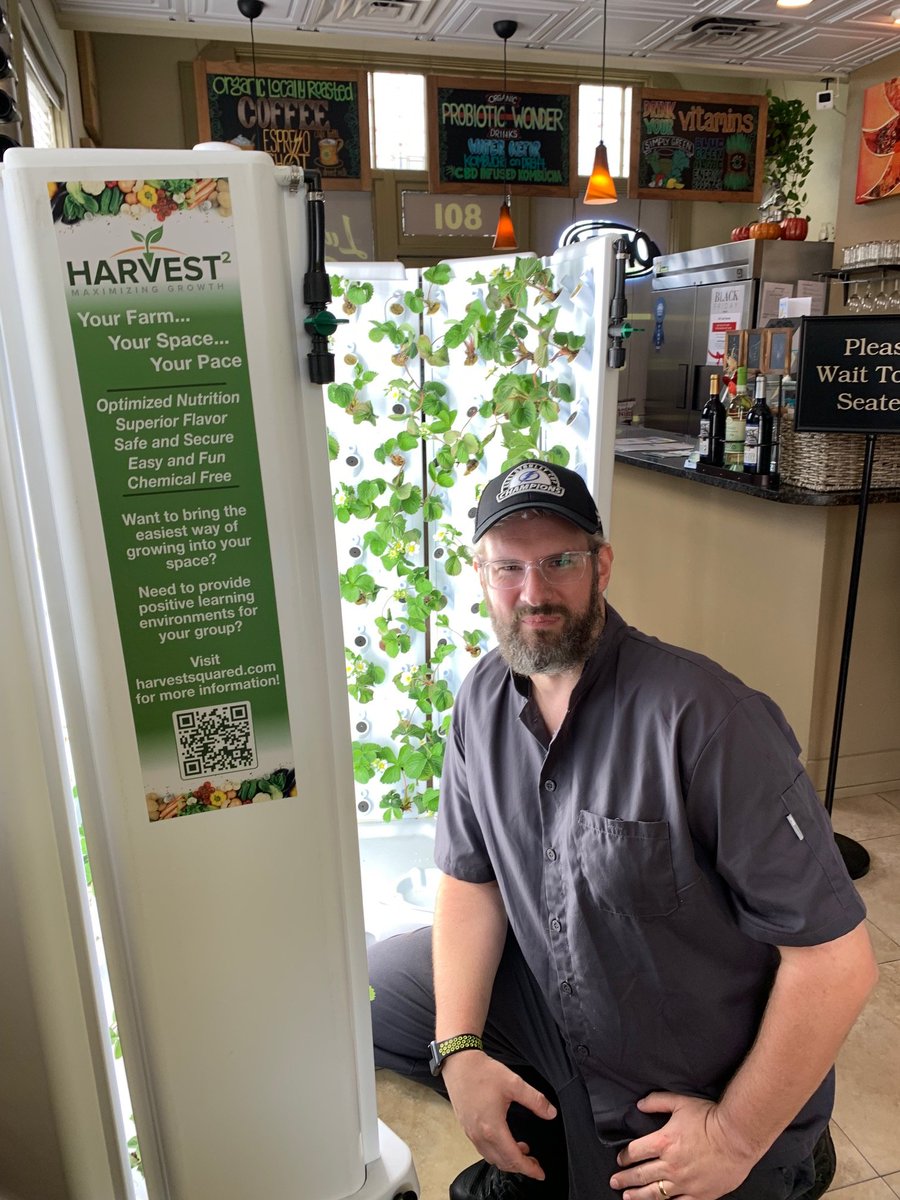 LocalTeaCo's tweet photo. Restocked our #OrganicTeas at the @CafeEvergreen, including custom-blended house #IcedTea Evergreen Peach #Tea

Cool New Thing - at the front door is a hydroponic vertical indoor farm by #harvestsquared See pic with Nick
#LooseTea #GreenTea #Cuppa #SipLocally #BestTeas #LocalTea https://t.co/eD2wf4BNNk