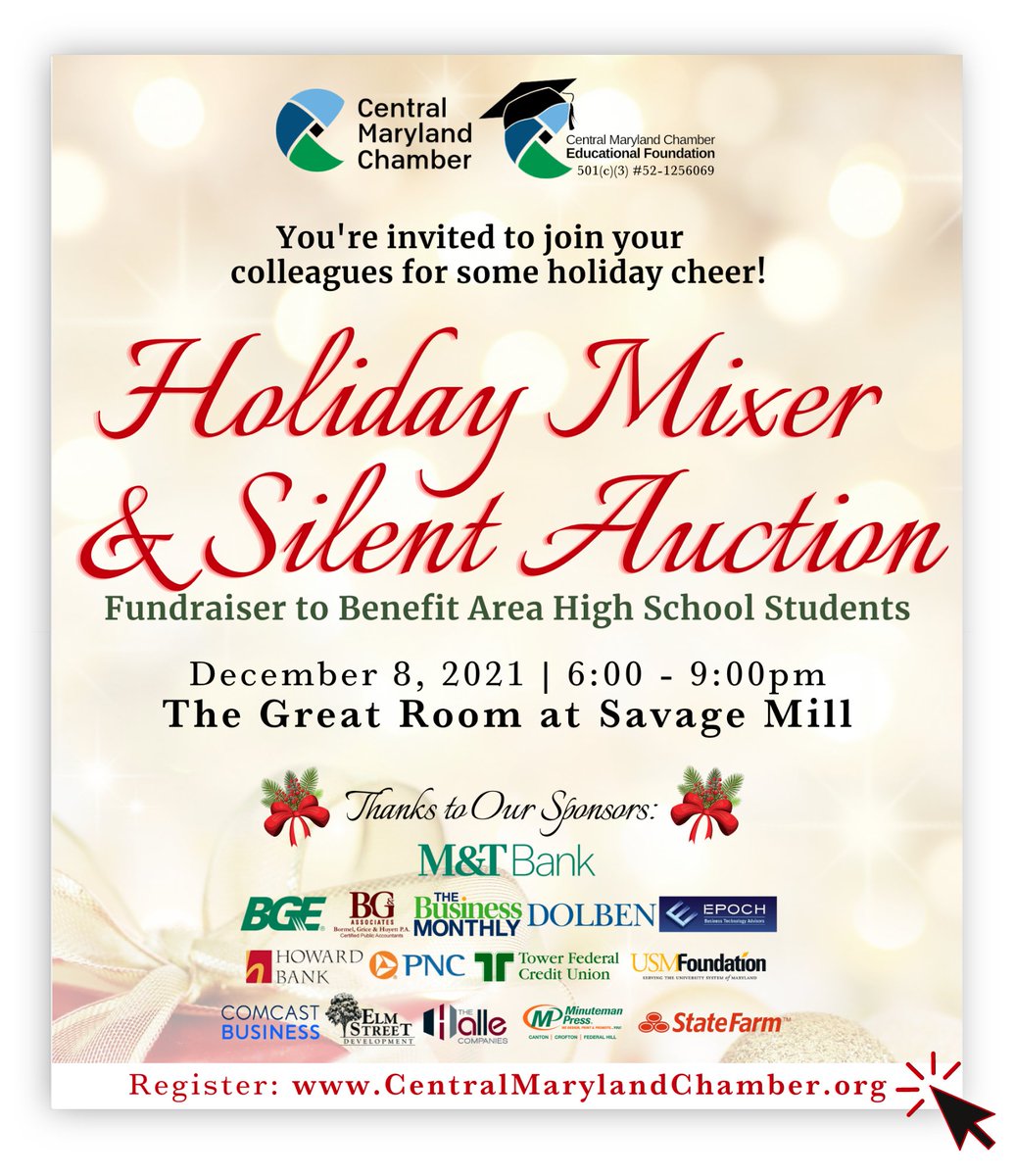 CentralMDCofC's tweet photo. Celebrate the holiday season with the Central Maryland Chamber on December 8th from 6:00 - 9:00pm for our annual #HolidayMixer &amp; #SilentAuction!

Register: https://t.co/QBzMSm1CWv

Ticket cost includes buffet and open bar! https://t.co/ILxPjnzj5t