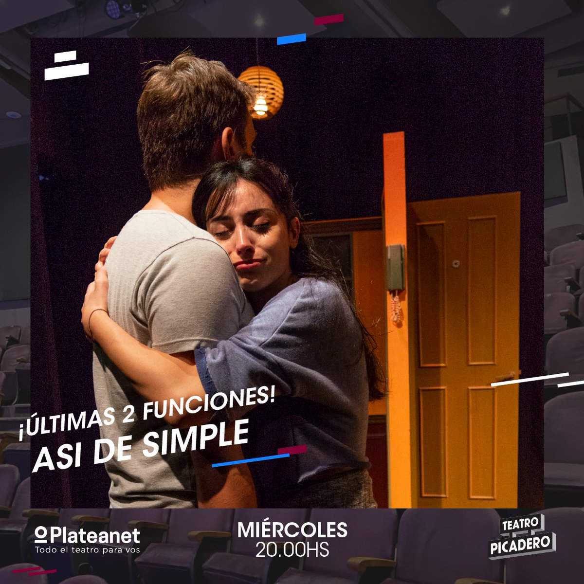 TeatroPicadero's tweet photo. Últimas 2 funciones de #AsiDeSimple
Una obra que nos invita a pensar qué es lo que sucede cuando el amor no alcanza 💔Miércoles a las 20hs en el #TeatroPicadero
.
.
Tus entradas en https://t.co/A3HsWuSc2e o en la boletería del teatro🎭 https://t.co/CVeETVKqWs