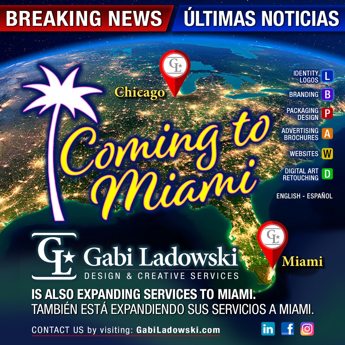 GabiLadowski's tweet photo. GET READY MIAMI
Prepárate, Miami
By popular demand, @GabiLadowski - Design &amp; Creative Services is expanding to #Miami

#miamilifestyle #miamidade #Greater #miaminews #miamibusinessowners #miaminoticia #nuevoenmiami #nuevoenmiamiteayudamos #miamiflorida #miamipromoter https://t.co/53jtsAntyK