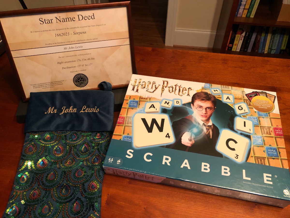 johnlewis's tweet image. Once again @johnlewisretail has sent me a holiday package. This year: a monogrammed Christmas stocking, a Harry Potter scrabble game, and my very own star! Thank you.