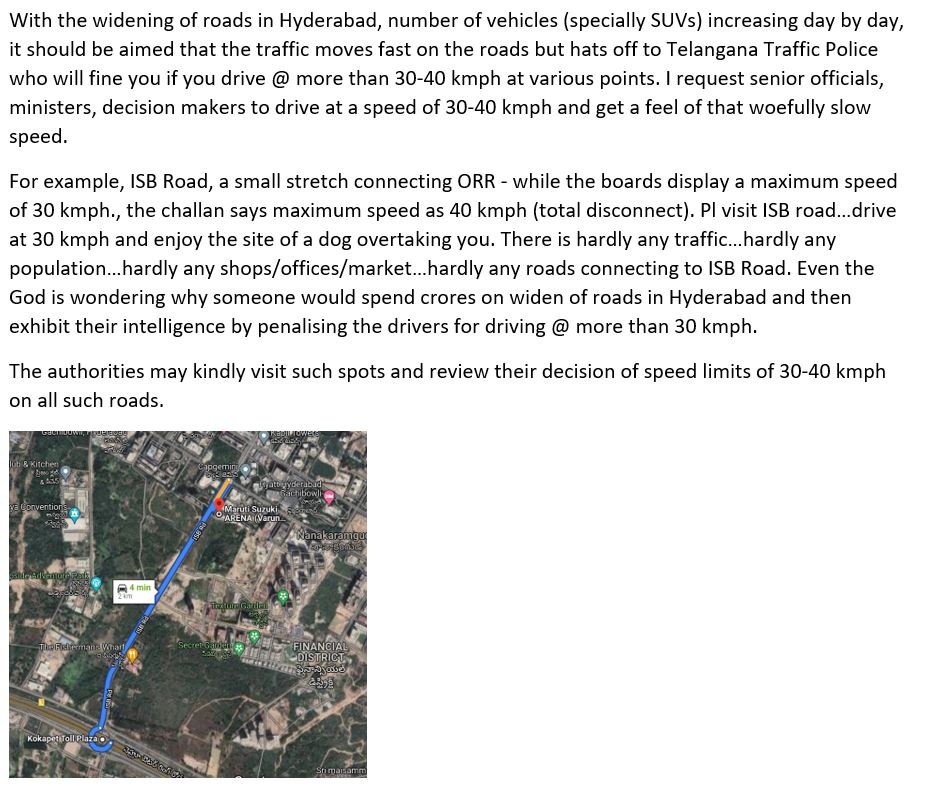 a_dureha's tweet photo. @TelanganaCMO @CYBTRAFFIC @cyberabadpolice @HYDTP We r grateful to the Govt for focussing on Hyderabad roads &amp; flyovers to make it convenient for the drivers but ALAS! the unthoughtful pockets with speed limits have taken away all pleasure of driving. Pl read the attached example https://t.co/CjA1e3GSYZ
