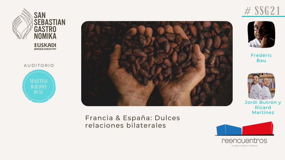 Los genios del chocolate y la repostería Frèdéric Bau, de <a href="/ValrhonaES/">Valrhona España</a>  y <a href="/JordiButron/">Jordi Butron</a> y Ricard Martínez, de <a href="/ESPAISUCRE/">Espaisucre</a>, se han juntado para jugar al despiste entre sabores españoles y franceses <a href="/ricmaiz/">Ricard Martinez - @ricmaiz</a>  #ssg21