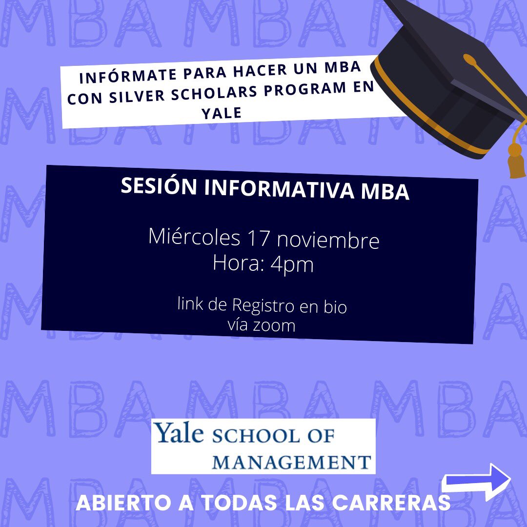 FODA2021's tweet photo. Mañana Miércoles 4pm! No te pierdas esta sesión informativa sobre hacer un MBA con Silver Scholars en YALE. 
Regístrate en el link de nuestra bio. 
Abierto a todas las carreras!! https://t.co/ZA3NgzZ1VR