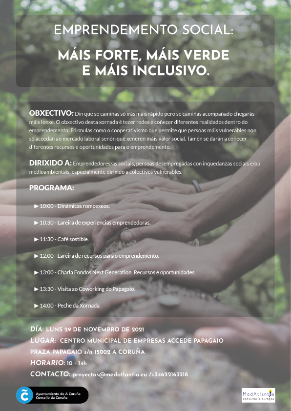 MedAtlantia_UE's tweet photo. 🐋🌳Interésache o emprendemento e o medio ambiente e andas a darlle voltas a algunha idea ou proxecto❓ 
📌 O 𝟮𝟵 𝗲 𝟯𝟬 𝗱𝗲 𝗻𝗼𝘃𝗲𝗺𝗯𝗿𝗼 o @ConcelloCoruna organiza 2 xornadas de 𝒇𝒐𝒎𝒆𝒏𝒕𝒐 𝒅𝒐 𝒆𝒎𝒑𝒓𝒆𝒏𝒅𝒆𝒎𝒆𝒏𝒕𝒐 𝒔𝒖𝒔𝒕𝒆𝒏𝒕𝒂𝒃𝒍𝒆. Olla os programas 👇 https://t.co/7c7c0kzqwt