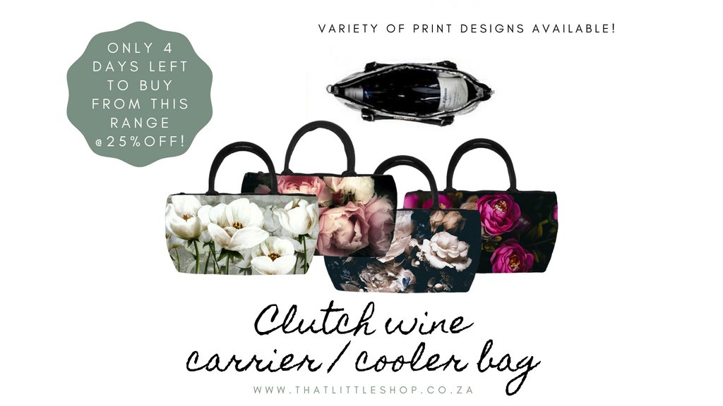 Only 4 days left to buy from this range at 25% off! 

The clutch wine carrier / #coolerbag can hold 2 standard size wine bottles.

#thatlittleshop #decor #homeware #gifts #winecooler #winecoolerbag #winecarrierbag #christmasgift #madeinsouthafrica #shoplocalsa #earlyblackfriday