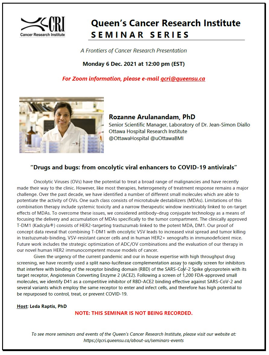 QueensuSCRI's tweet photo. Next up in our monthly seminar series on Dec 6th at 12:00pm EST is OHRI's Dr. Rozanne Arulanandam  hosted by Dr. Leda Raptis @DbmsTweets 
@OttawaHospital @uOttawaBMI @queensuResearch #CancerResearch https://t.co/hUPb0IY042