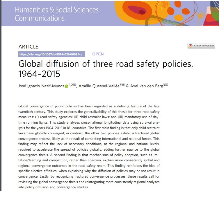 nachonazif's tweet photo. Paper publicado en Humanities and Social Sciences Communications with @amelieqv y Axel van den Berg que busca explicar como 3 políticas de seguridad vial (sillas para infantes, agencias de seguridad vial, y uso obliagorio de luces diurnas) son difundidas y adoptadas desde 1950. https://t.co/NDOYpCN6hr