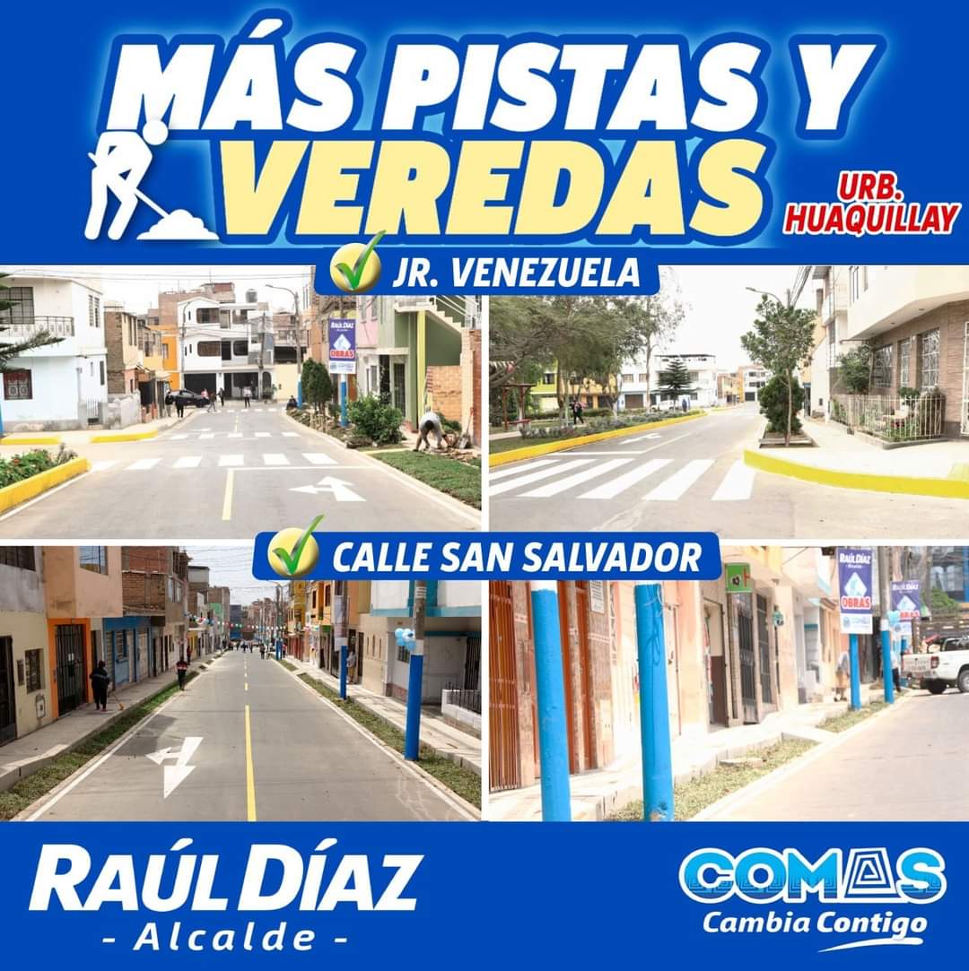 #MásObras El alcalde Raúl Díaz entregó las obras de pistas y veredas a nuestros vecinos del  jirón Venezuela y la Calle San Salvador, en Huaquillay. Además se han instalado cámaras de seguridad y la conformación de Brigadas Vecinales.