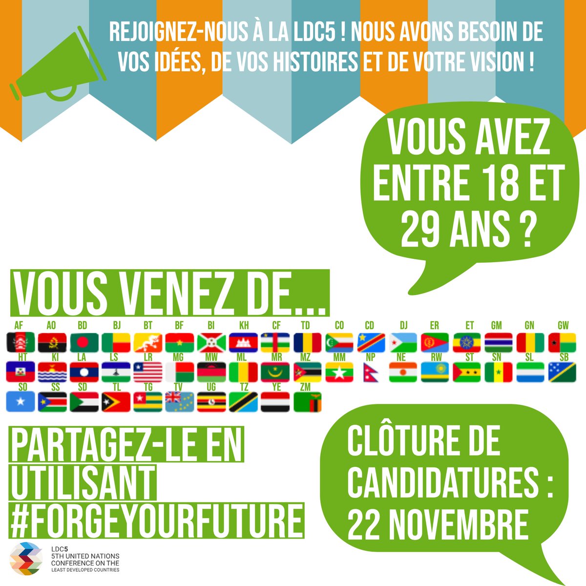 PNUD_BFA's tweet photo. Vous avez entre 18 et 29 ans ?
Participez à #ForgeYourFuture pour porter ta voix  lors de la #LDC5 à Doha .

#Partagez votre histoire, votre vision et vosdées  sur les problématiques du moment.
Conditions détaillées disponible sur ce lien : 🔗https://t.co/dEiCTgphEH

@onubf https://t.co/Ppk3ZmGrjJ