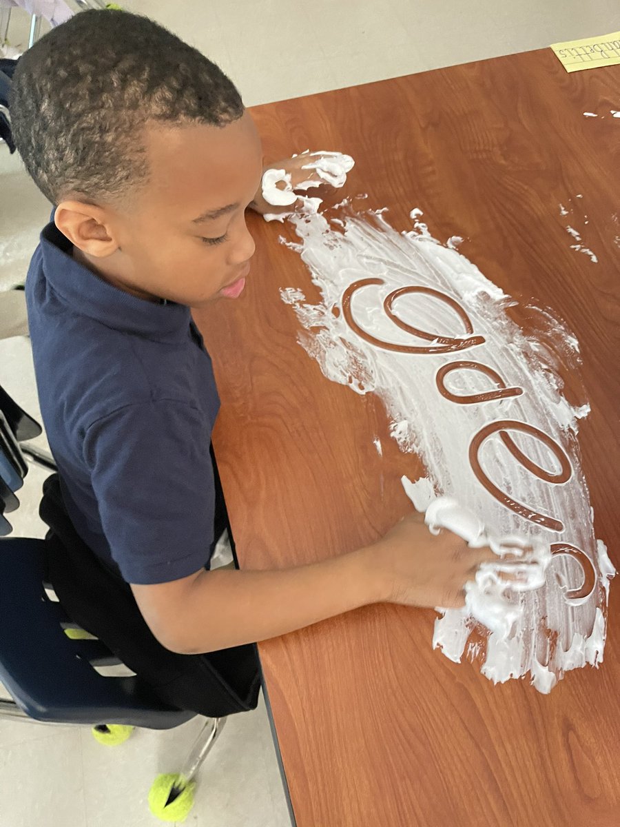 Today while learning our new red words “Goes” and “Gone” we used shaving cream to spell the words! It was huge hit with them! 
#firstgrade #redwords #ERD #learning <a href="/DicksonTigers/">E.R. Dickson Tigers</a> @PrincipalERD