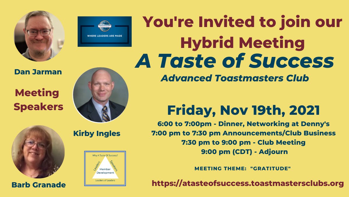 a_toastmasters's tweet photo. Reminder we have a wonderful hybrid meeting coming up this Friday 11/19 - join us! https://t.co/WB5r2uAxT0. A special treat - our club president - Linda Wilson will share a presentation "Go from a speaker handing out sleeping pills to electrifying the crowd with excitement." https://t.co/0Vy7VbcXrj