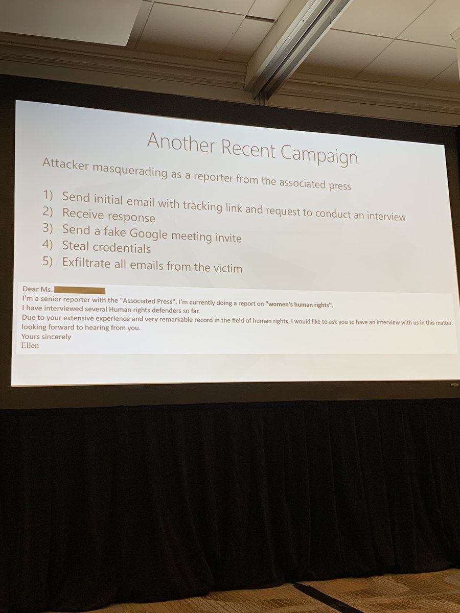 runasand's tweet photo. Iranian ransomware group pretends to be a journalist reaching out with an interview request, then sends fake Google Meet link. #CYBERWARCON https://t.co/oGhWYNPyNV