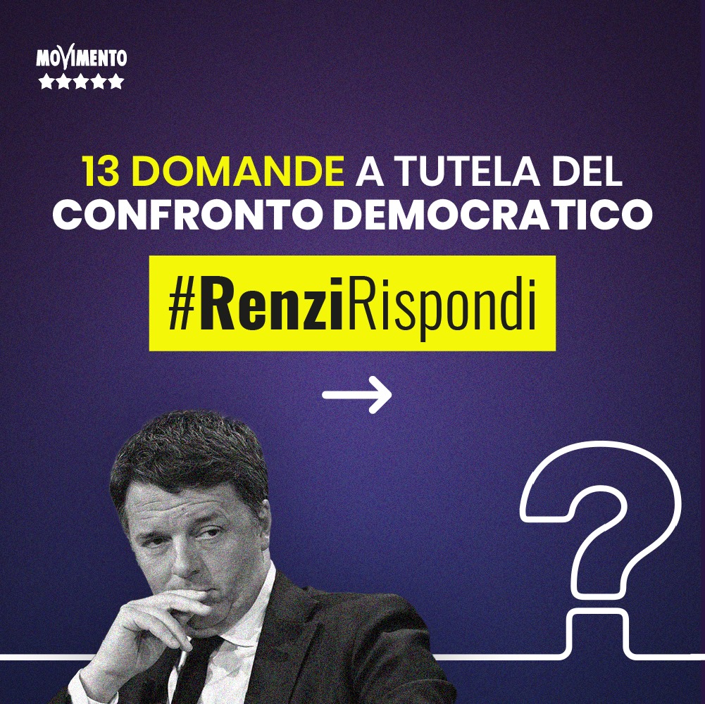 Mov5Stelle's tweet photo. Queste domande sono poste dal MoVimento 5 Stelle nell’interesse di tutti i cittadini, a garanzia dei principi di piena trasparenza e accountability, che devono contraddistinguere l’operato di tutti i politici
#RenziRispondi 

Leggi qui le 13 domande 👉 https://t.co/WU5aPQw3rZ https://t.co/zcHkNkwbOQ