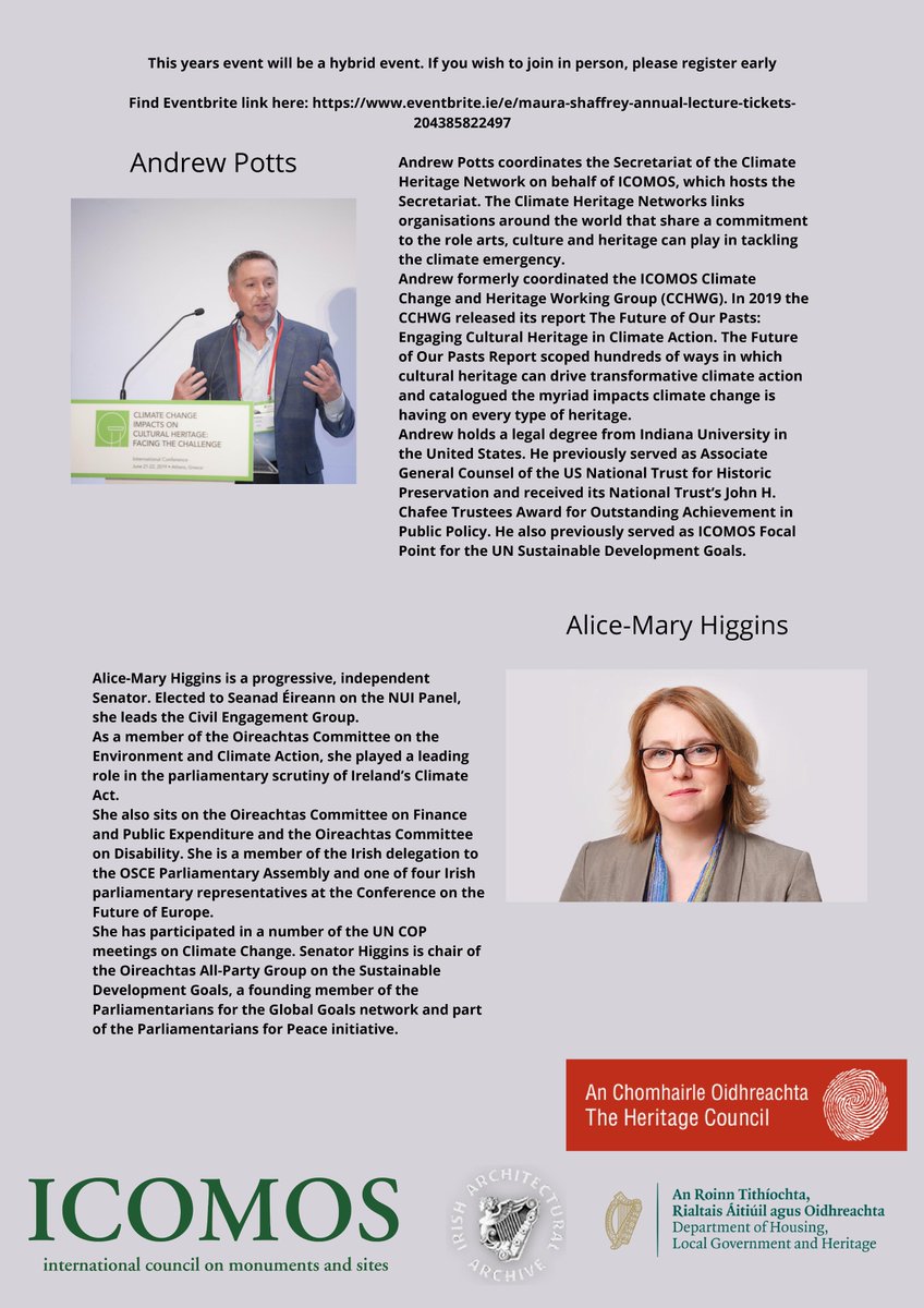 ICOMOSIreland's tweet photo. #CulturalHeritage: A Missing Link in #ClimateAction Post #COP26 – Has the Gap been filled? Presented by @AndrewSPotts, with a response from Senator Mary-Alice Higgins. 

Thursday, 18th November 2021 
Online 6:30pm. 
Tickets: https://t.co/dZjTn54F67 

Supported by 
@HeritageHubIRE https://t.co/l8VhKegAGu