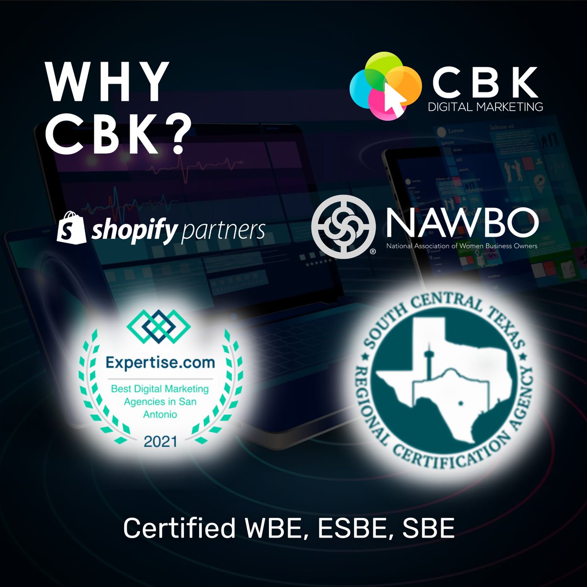 KaseyCroy's tweet photo. CBK is proud to be a Shopify and NAWBO partner, SCTRCA certified, and recognized as one of the top digital marketing agencies by Expertise!

#shopifypartner #NAWBOSA #womenownedbusiness https://t.co/SOWPSB6DHD