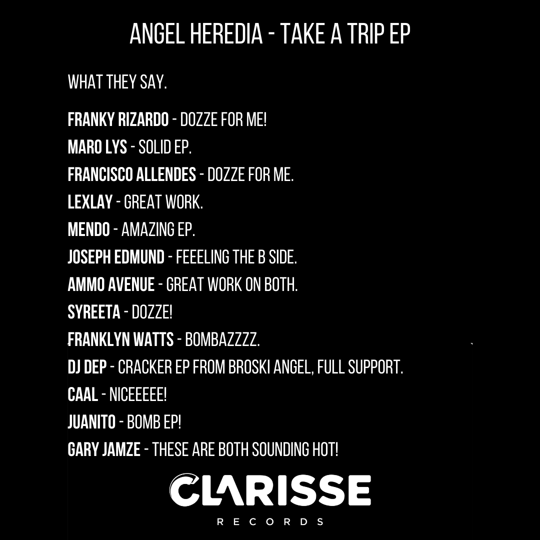 clarisserecords's tweet photo. A small selection of some of the incredible support & feedback @angelherediadj Take A Trip EP is picking up around the globe πππ
Head here https://t.co/8tRldSvQx6 to hear what everyone is talking about.
#clarisserecords #angelherediadj #djfeedback https://t.co/HVJEVQmJfo
