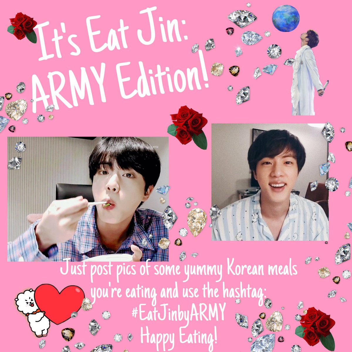Hearts4BTS7's tweet photo. Good morning, good afternoon, good evening and good night! Jin’s bday is just around the corner and we have a yummy gift for him! it’s time for Eat Jin: ARMY Edition. You can post a pic or a clip of some delicious Korean food. You can cook or order it, just eat share with the ht! https://t.co/MZ8oFIOq6b