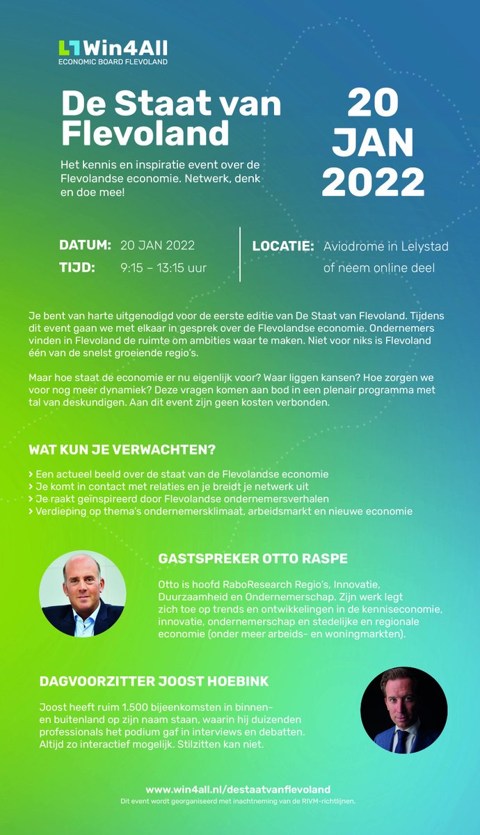 Op donderdag 20 januari 2022 organiseert Win4All - Economic Board Flevoland de eerste editie van De Staat van Flevoland. Heb je je al aangemeld? 

win4all.nl/destaatvanflev…