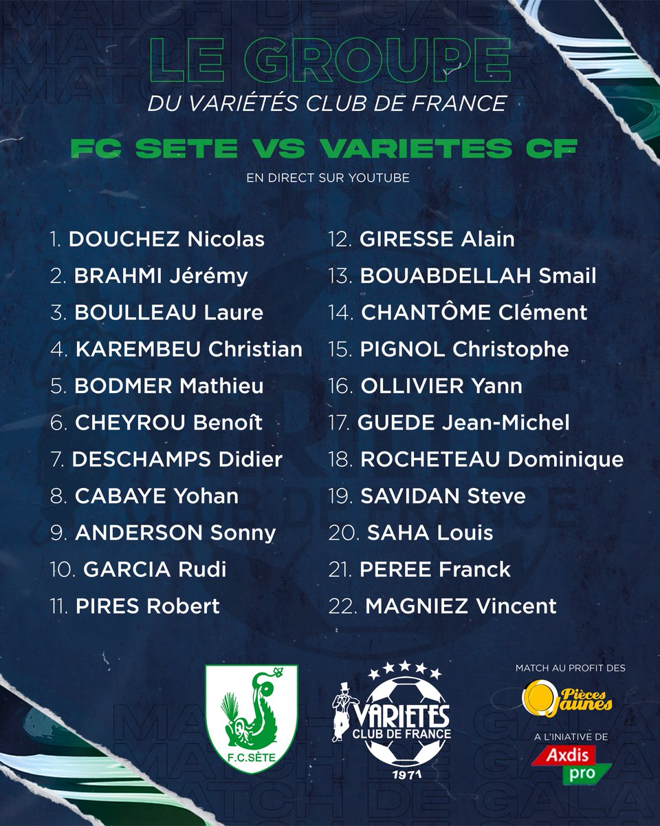 VarietesCF's tweet photo. ⚡️ NOTRE TEAM
⁣⁣
👉 Voici le groupe du Variétés Club de France pour le déplacement à @fcsete34 ce mercredi à 19h. ⁣⁣
⁣⁣
#SETEVCF #VCF #Varietes #FCSete #football #caritatif #matchday https://t.co/N8Bfh3pKWf